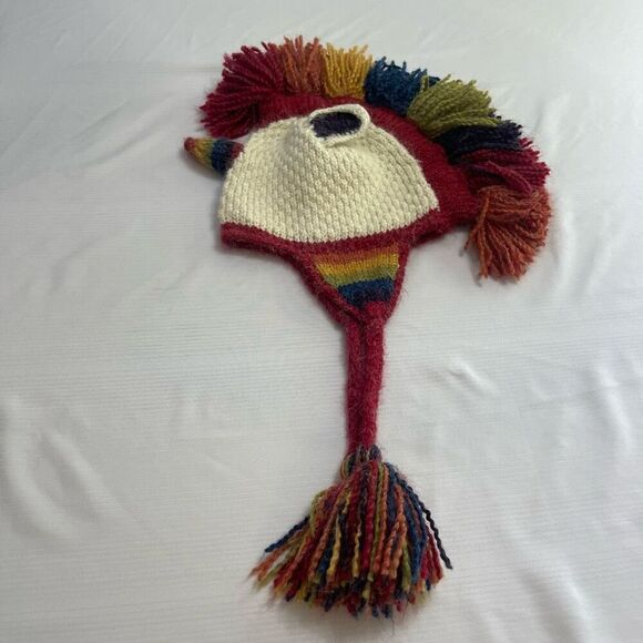 Adult One Size Fits Most Peruvian Trading Company Hand Knit Rainbow Unicorn Hat - Picture 1 of 5